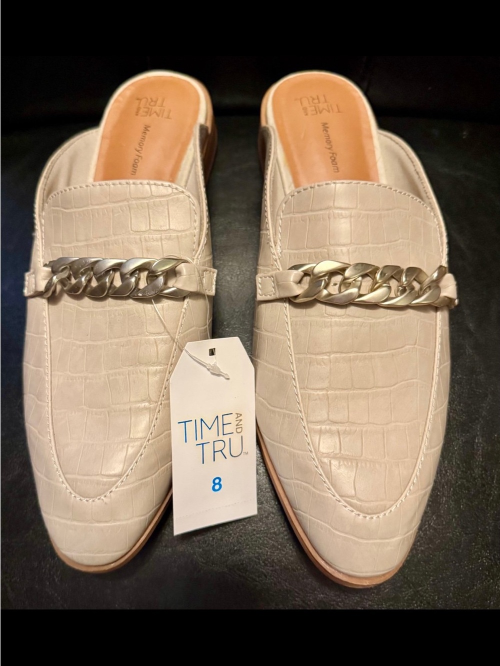 Time and Tru Cream Croc-Embossed Slip-On Loafers with Silver Chain